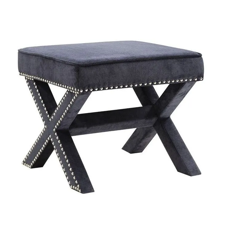 OTT 6911 - Ottoman - Grey Plush Fabric Studded Cross Leg Bed Bench (Small Square)