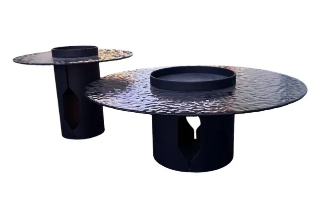 CT 0132 - Coffee Table Nest set of 2 Glass Top Leather Base Black