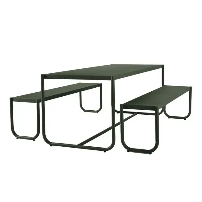 OD DT 0013 - Bottle Green Outdoor Curved Edge Rectangular Dining Table with 2 Bench Seats - 3 Piece 