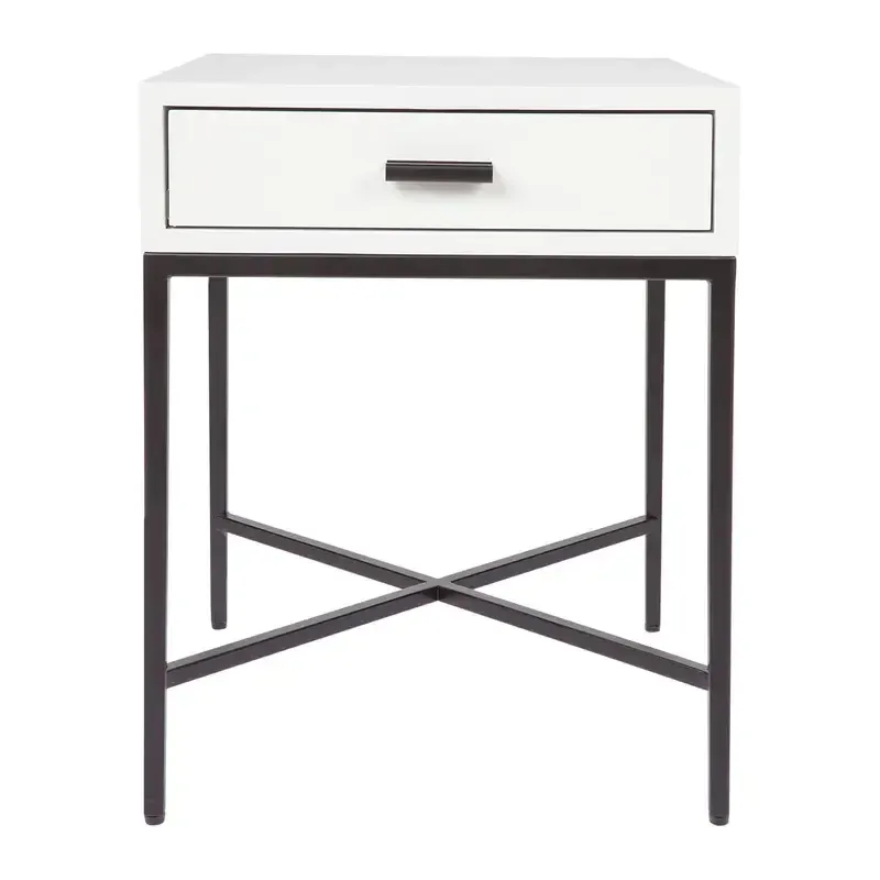 BST 0045 - Single Drawer White Timber Bedside Table with Cross Black Metal Legs
