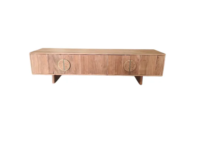ENT 0025 - Teak 4 Door Entertainment Unit with Ribbed Doors & Half Moon Handles