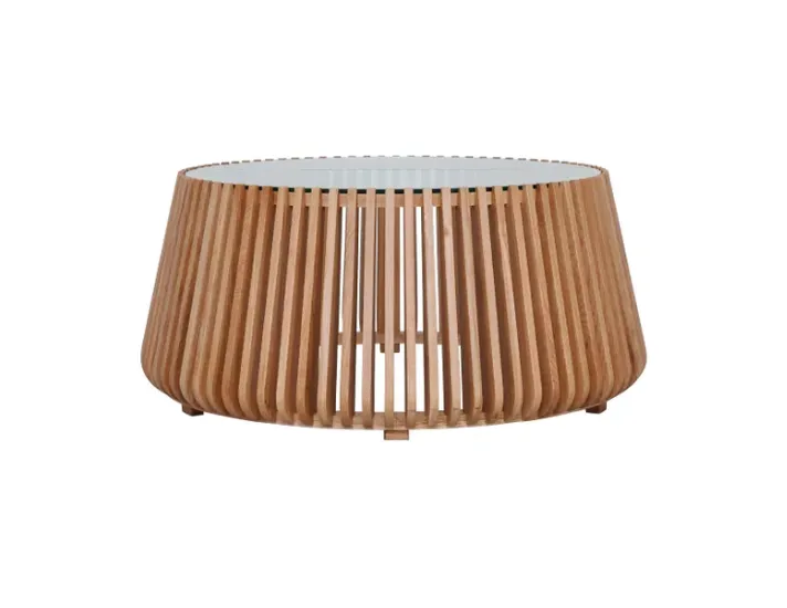CT 0040 - Coffee Table - Round Glass Top & Mango Wood Slatted Frame