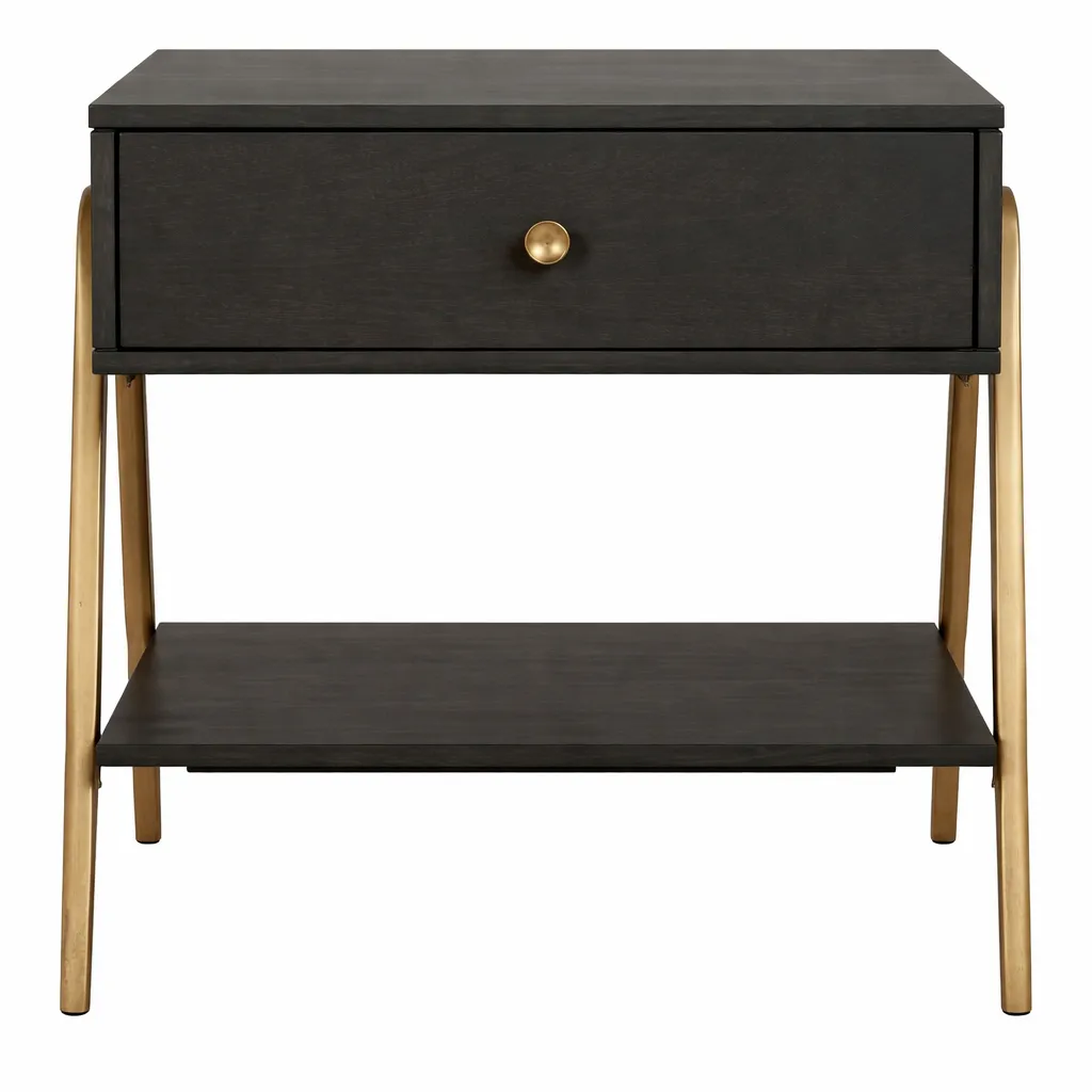 BST 3272 - Bedside Table - Single Draw Black with Gold Legs