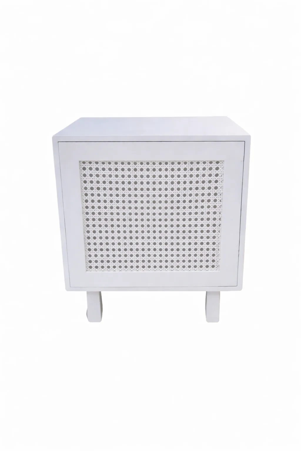 BST 0014 - Bedside Table - White Timber with White Rattan Door Panel