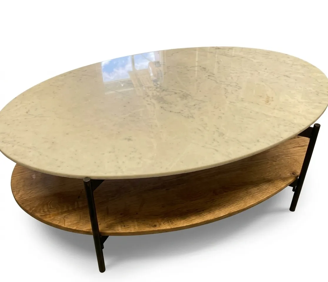 CT 2637 - Coffee Table - Oval Marble Top with Wood Shelf on Black Legs 