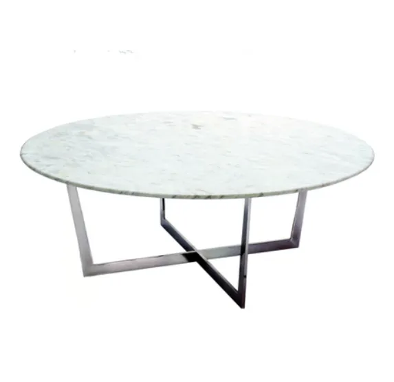 CT 7057 - Coffee Table - Silver Angled Cross Base with Round White Marble Top 