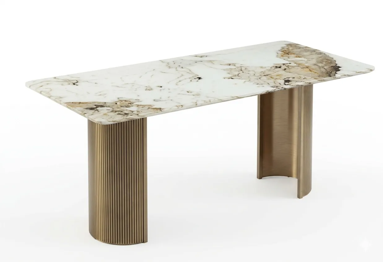 DT 0055 - Dining Table - Mina Brushed Bronze & Sintered Stone Natural