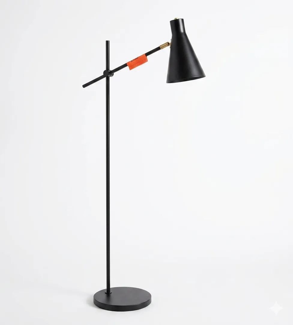 FL 9999 - Floor Lamp - Black with Gold Accents & Cone Shade