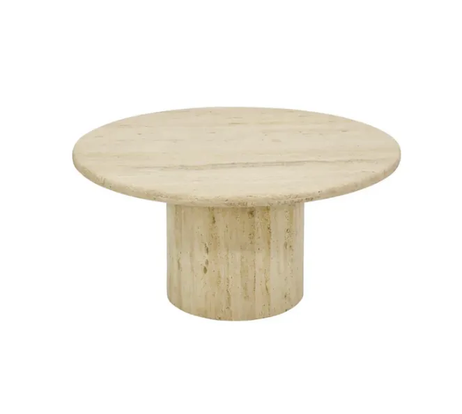 CT 0081 - Coffee Table - Travertine Round Top & Cylindric Base in Beige & Cream