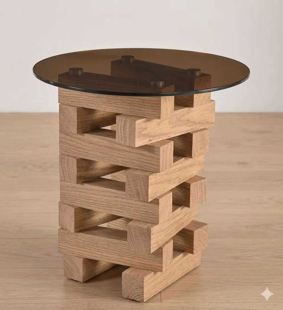 ST 0065 - Side Table - Jenga-Style Hestia Golden Tea/Walnut with Glass Top