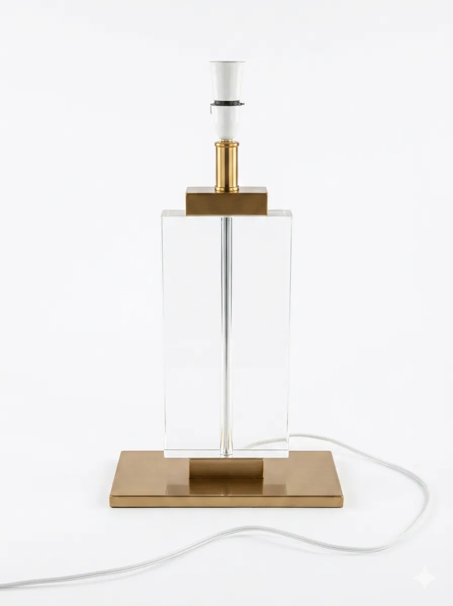 LP 0592 - Table Lamp - Clear Perspex body on Gold Base with Box Shade
