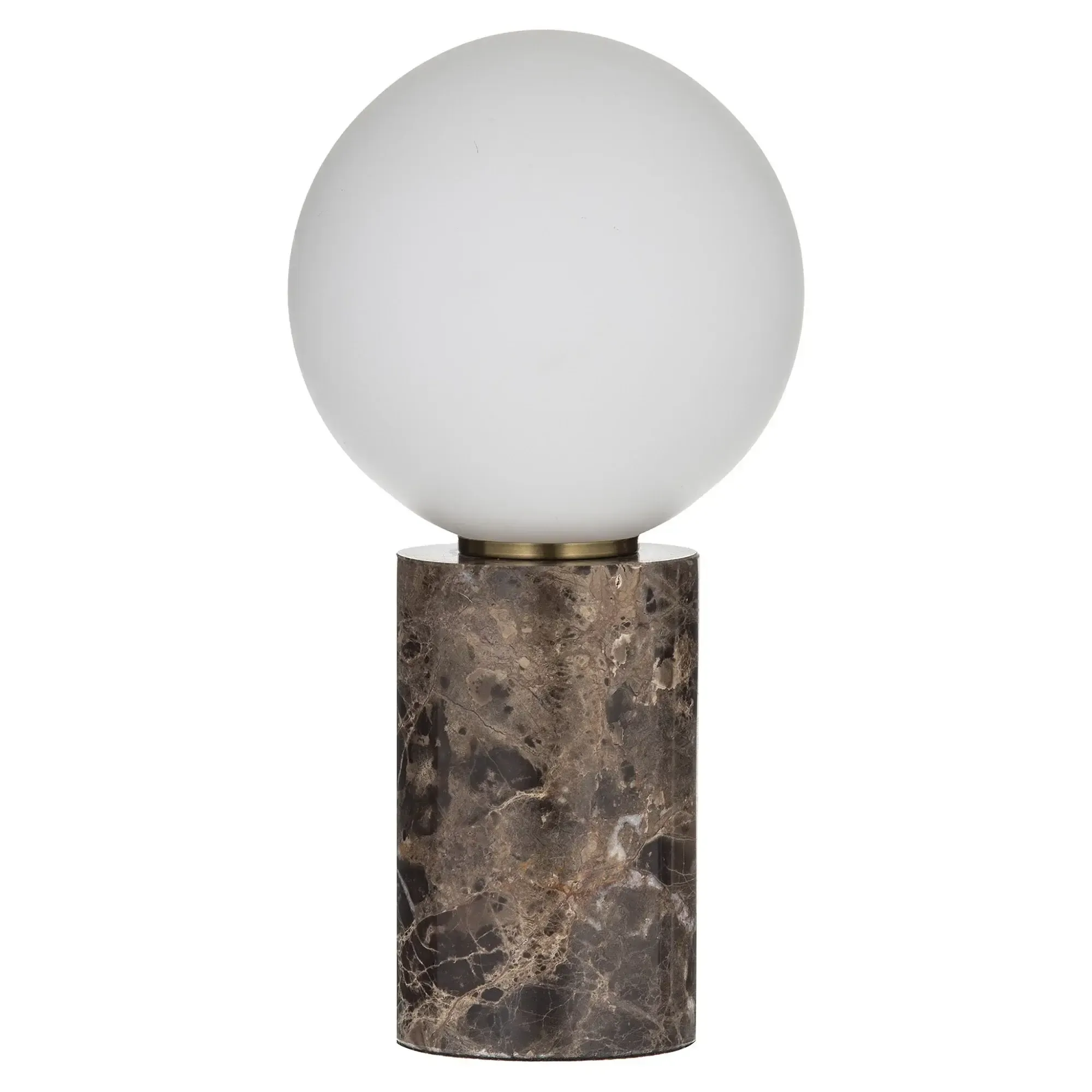 LP 0075 - Table Lamp - Brown Marble Body with Opal Glass Globe & Brass Ring