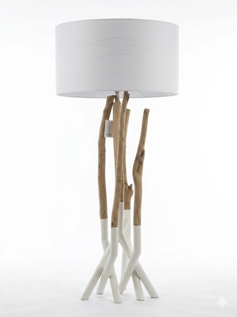 LP 1100 - Floor Lamp - tall white and natural branch / large white drum shade  