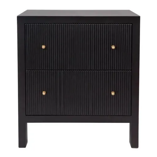Large Black Timber Fluted 2 Drawer Bedside Table with Brushed Gold Handles - BST 7868