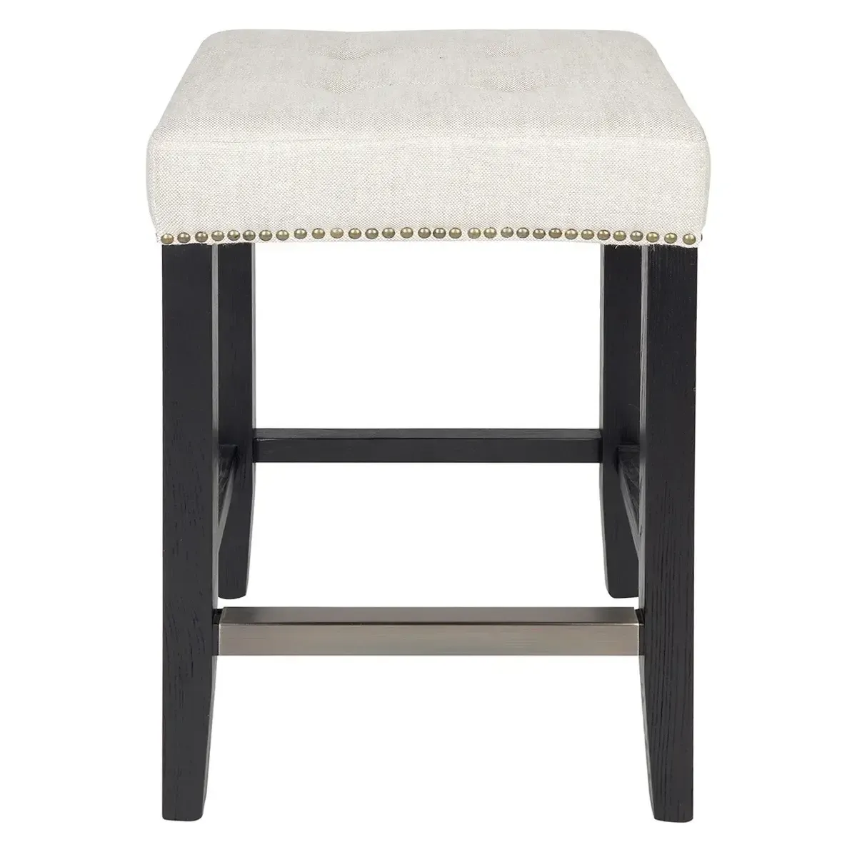 STL 0033 - Counter Stool - Natural Linen with Bronzed Stud Seat on Black Frame