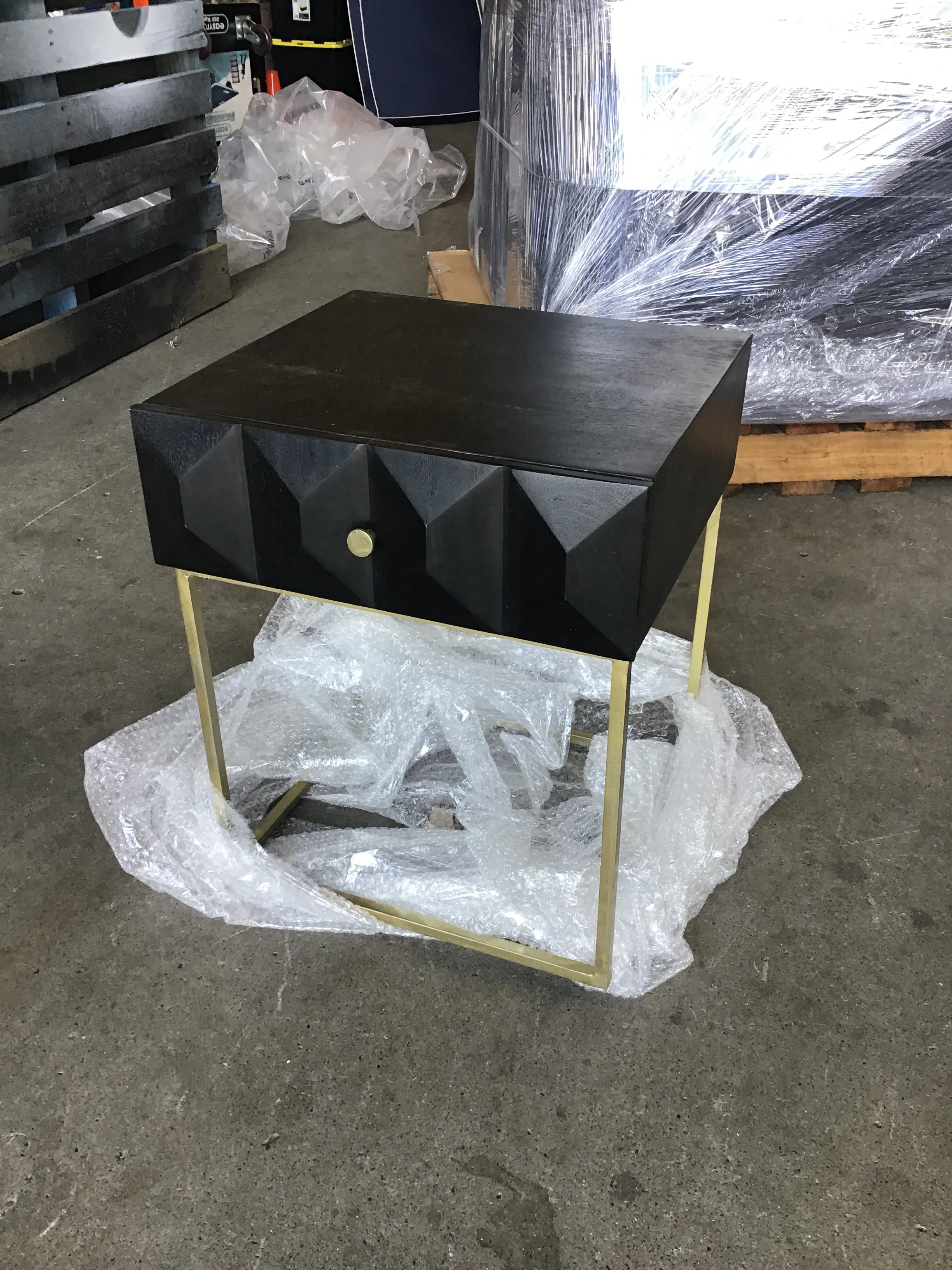 BST 4038 - Small Black Timber Bedside Table with Single Carved Geometric Drawer & Gold Legs