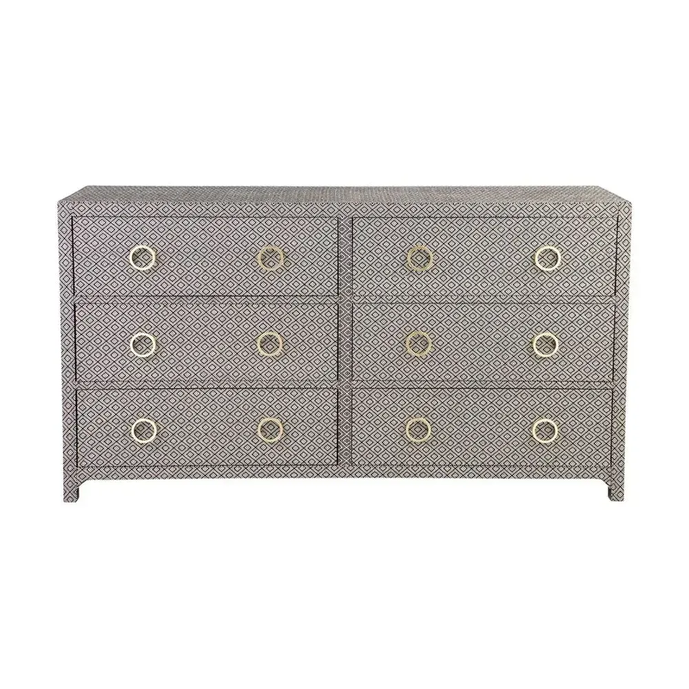 BUF 9497 - Black & Grey Diamond Upholstery Buffet with Brass Ring Handles