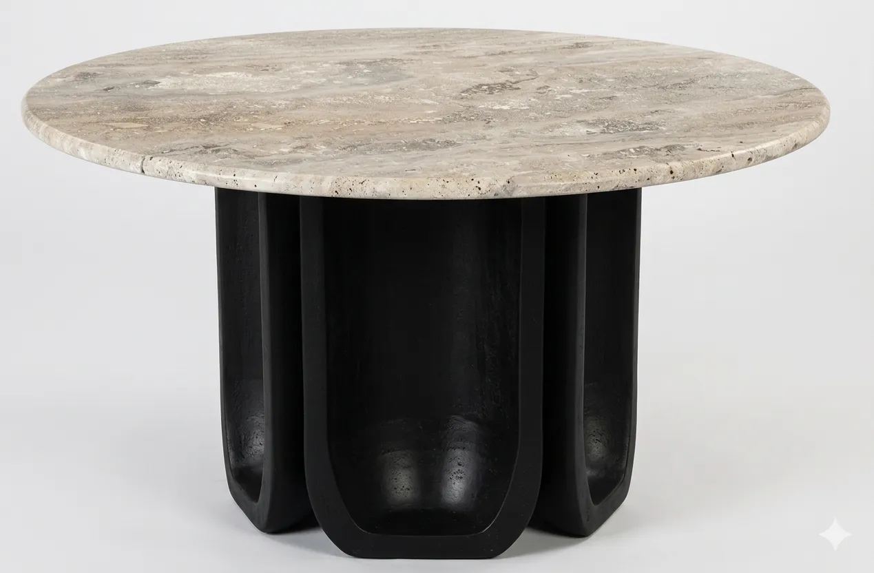 CT 0128 - Coffee Table - Lina with White Travertine Top and Black Base