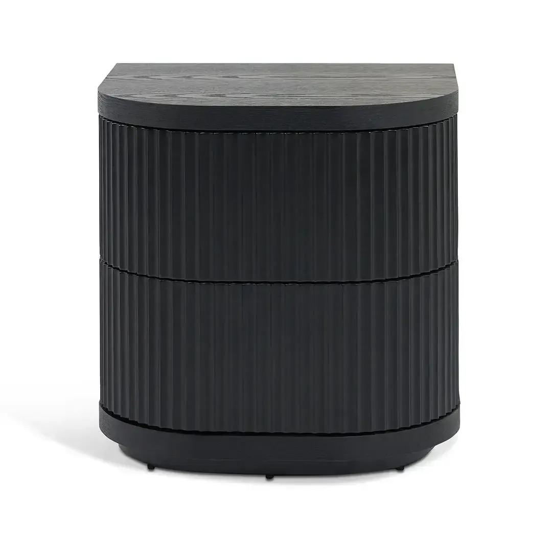 Luxe Range Matt Black Two Drawer Curved Bedside Table with Fluted Drawers - BST 0020