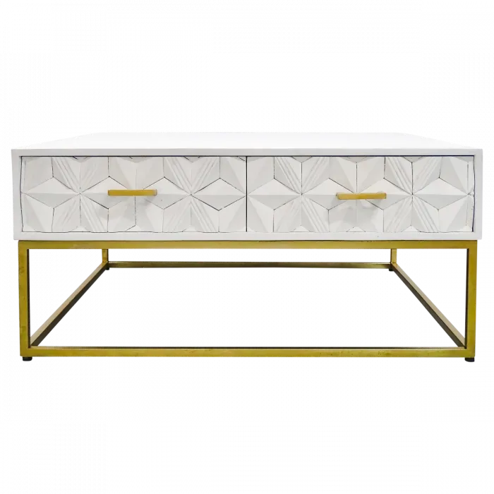 CT 0004 - Coffee Table - Angelina Square White Wood with Geo Craved Motif & Antique Brass