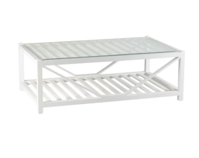 CT 4444 -  Coffee Table - Rectangle Slatted White Wood with Glass Top 