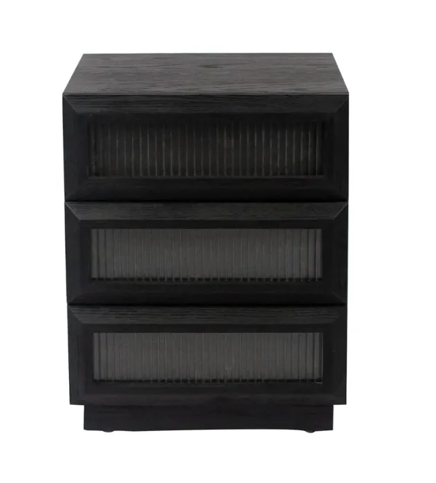 Matte Black Timber 3 Drawer Bedside Table with Glass Panelling - BST 0032
