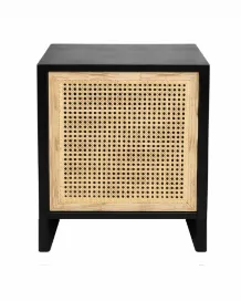 Small Black Bedside Cabinet with Single Rattan Door - BST 6331