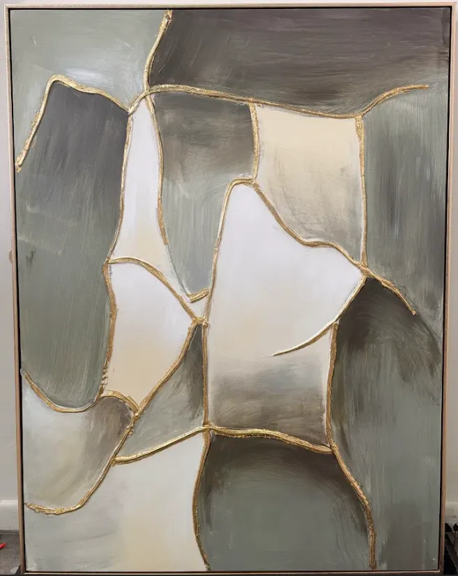 AW 0128A - Artwork - Large - Kintsugi Canvas A, Gold Frame Sage, Gold & White Painting