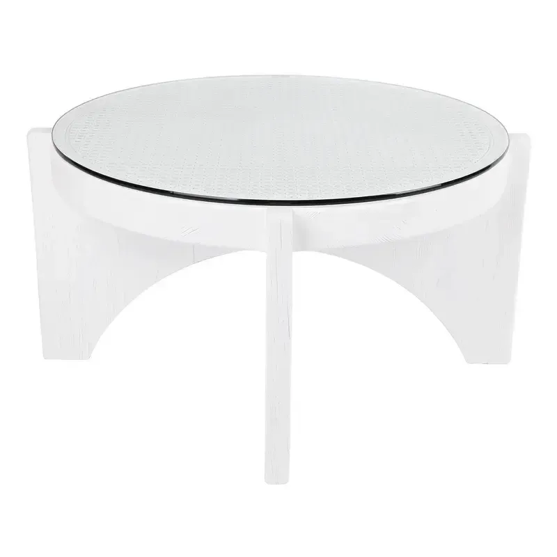 CT 0091 - Coffee Table - Chalky White Round Ash Timber & Rattan 