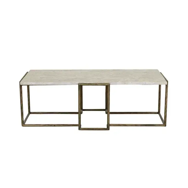 CT 0019 - Coffee Table - Antique Brass Cross Design Frame with Latte Stone Rectangular Top
