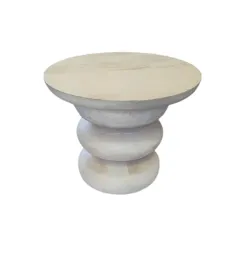 ST 0155 - Round White Wash Timber Side Table with Stacked Cylinder Base 
