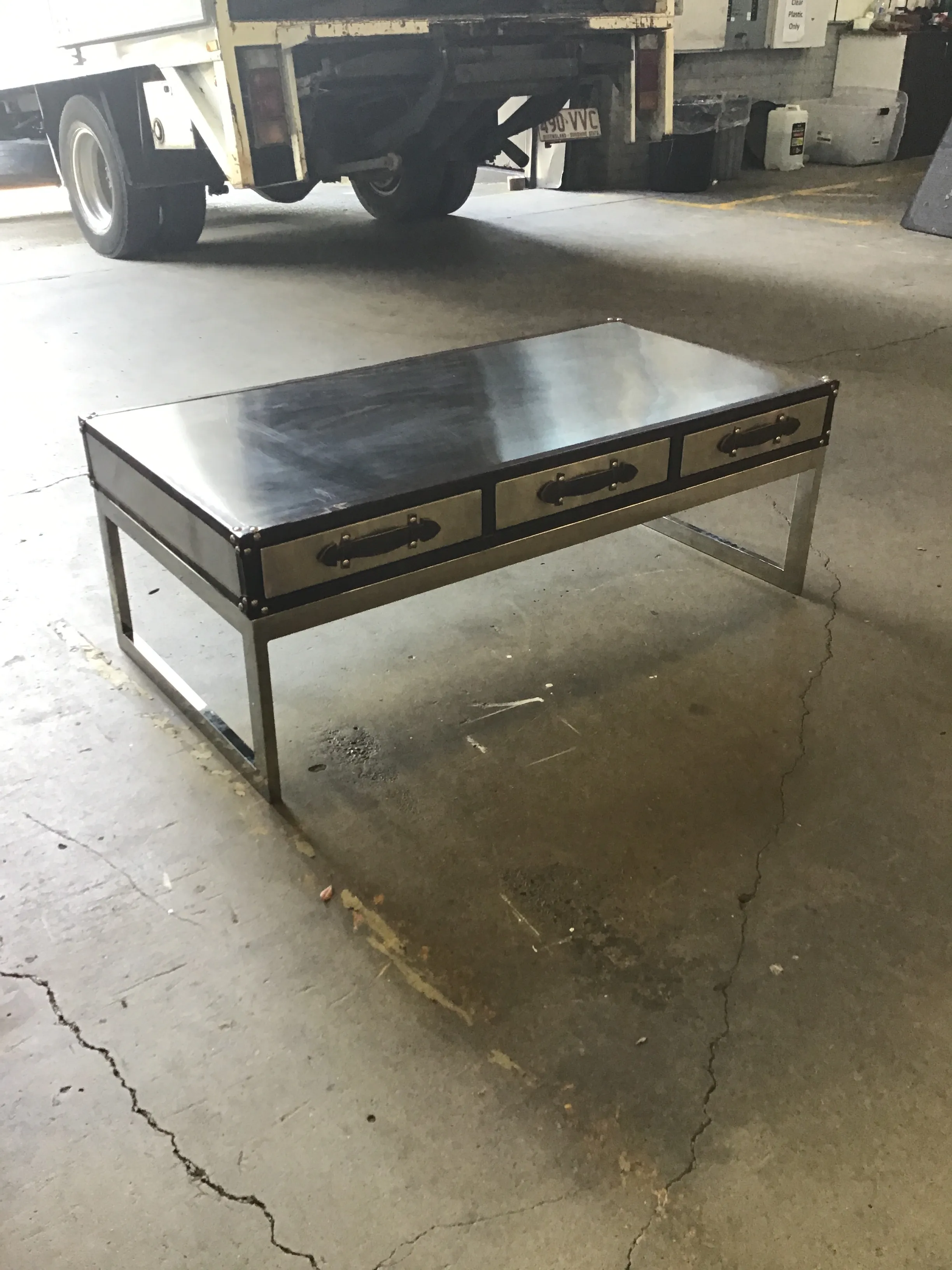 CT 4021 - Coffee Table - Stainless Steel with Brown Leather Trim