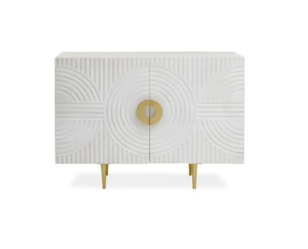 BF 0014 - White Wash Timber Buffet with Carved Circular Motifs & Gold Fittings - Standard