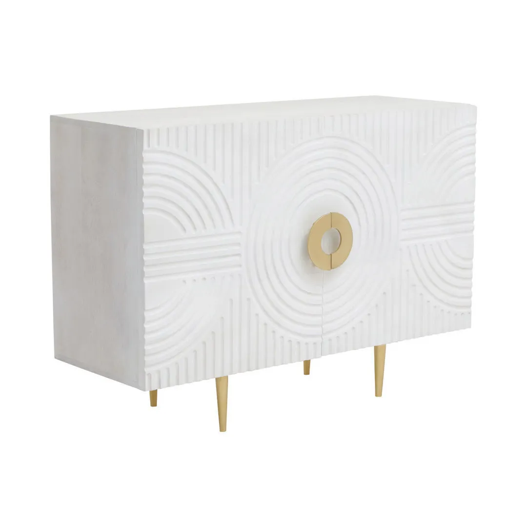 BF 0014 - White Wash Timber Buffet with Carved Circular Motifs & Gold Fittings - Standard