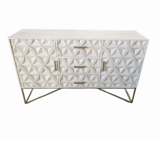 BUF 6938 - Buffet - White Washed Timber with Carved Geometric Pattern & Gold Fittings 