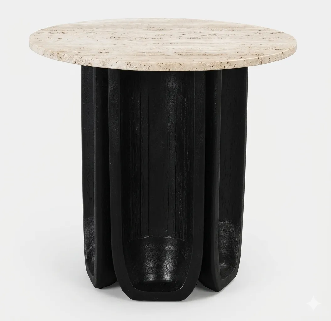 ST 0087 - Side Table - Lina with White Travertine Top and Black Base