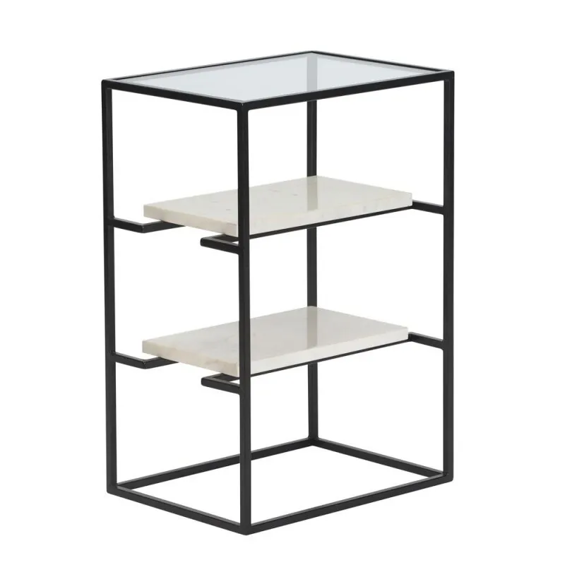 ST 7854 - Side Table - 3 Tier Glass & White Marble on Black Frame