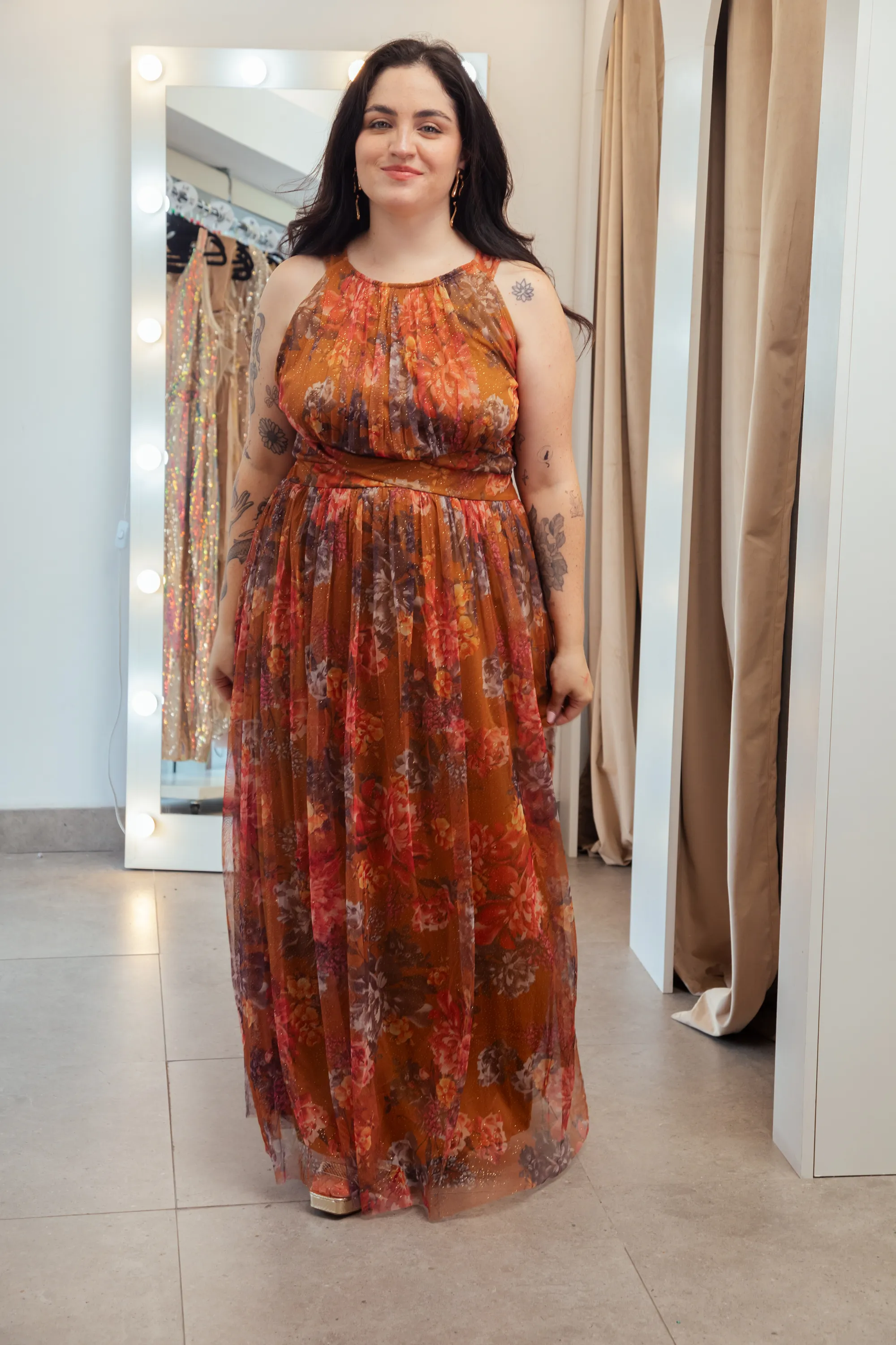 VESTIDO MARRON DE FLORES LARGO