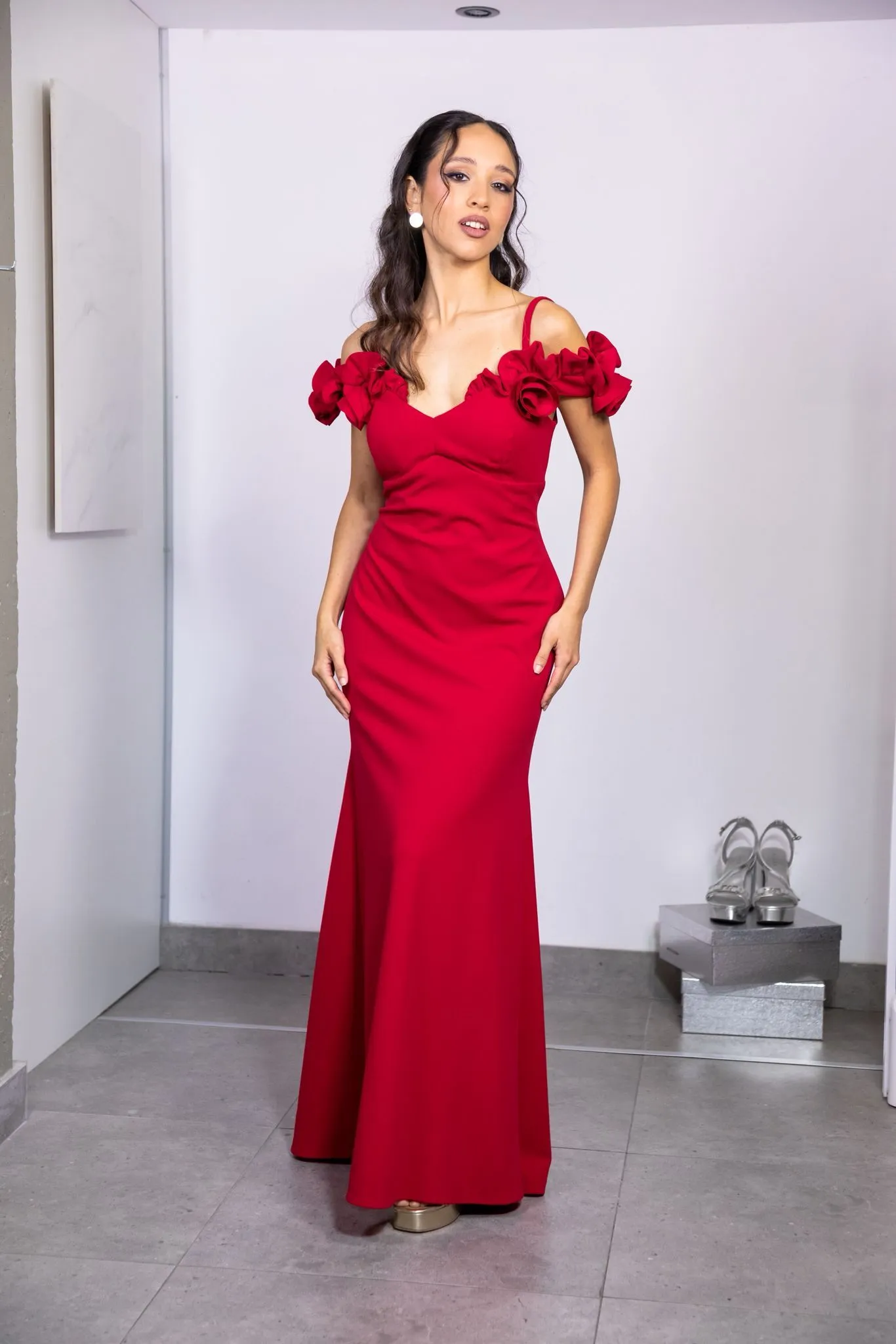 VESTIDO LARGO SOCIAL ROJO TALLE S