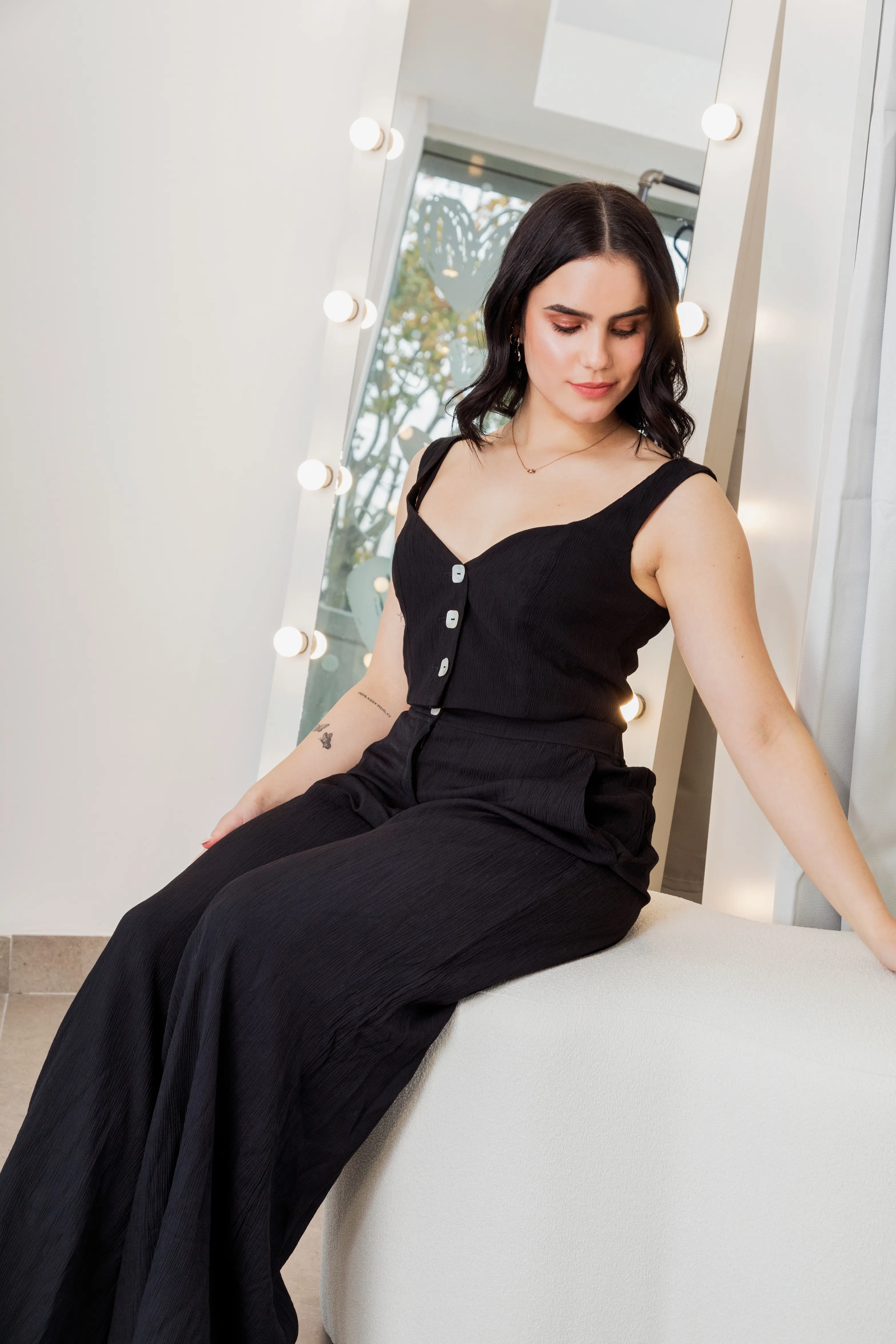 CONJUNTO PANTALON Y TOP NEGRO TALLE XS