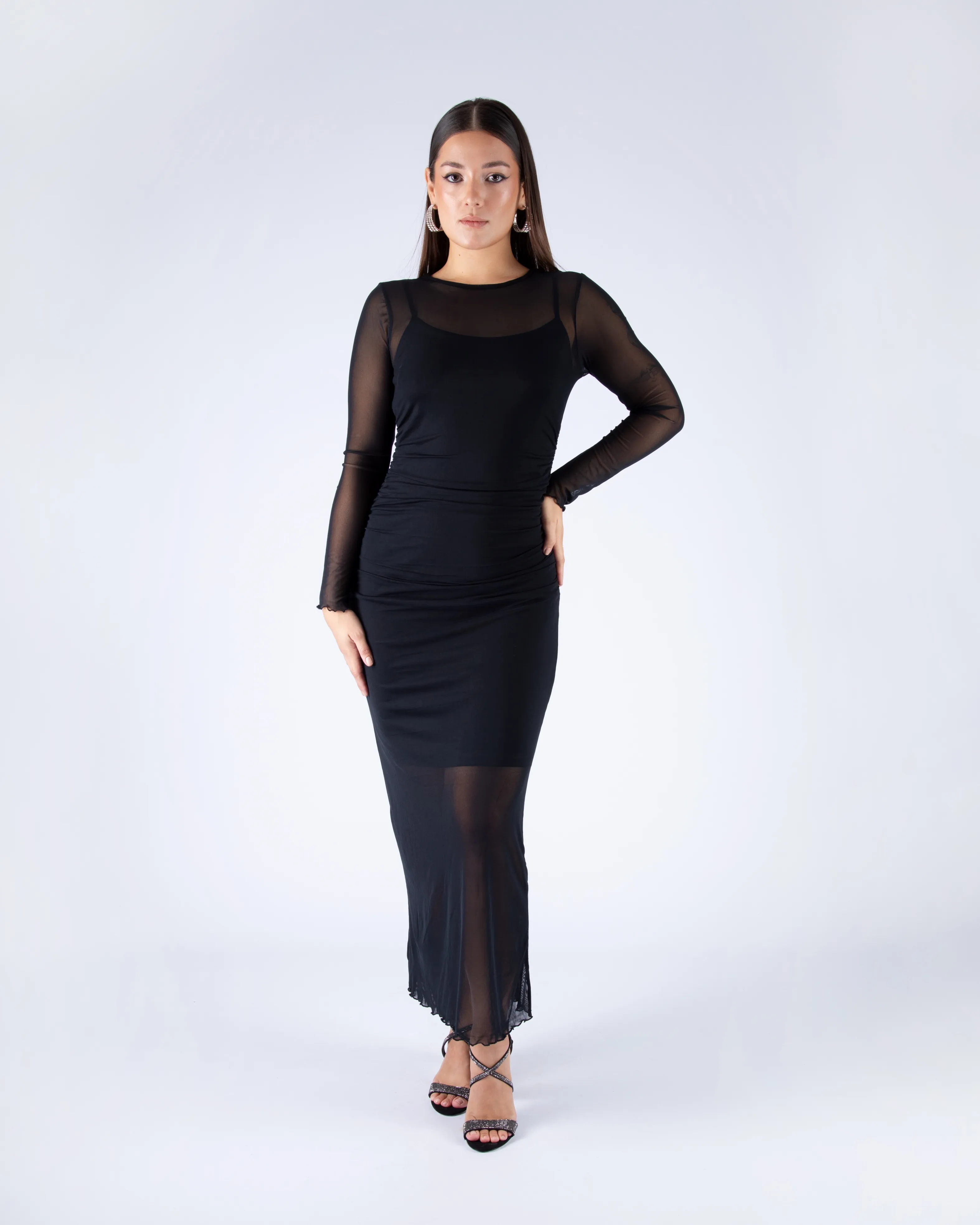 VESTIDO LARGO TRANSPARENCIA NEGRO AL CUERPO TALLE L