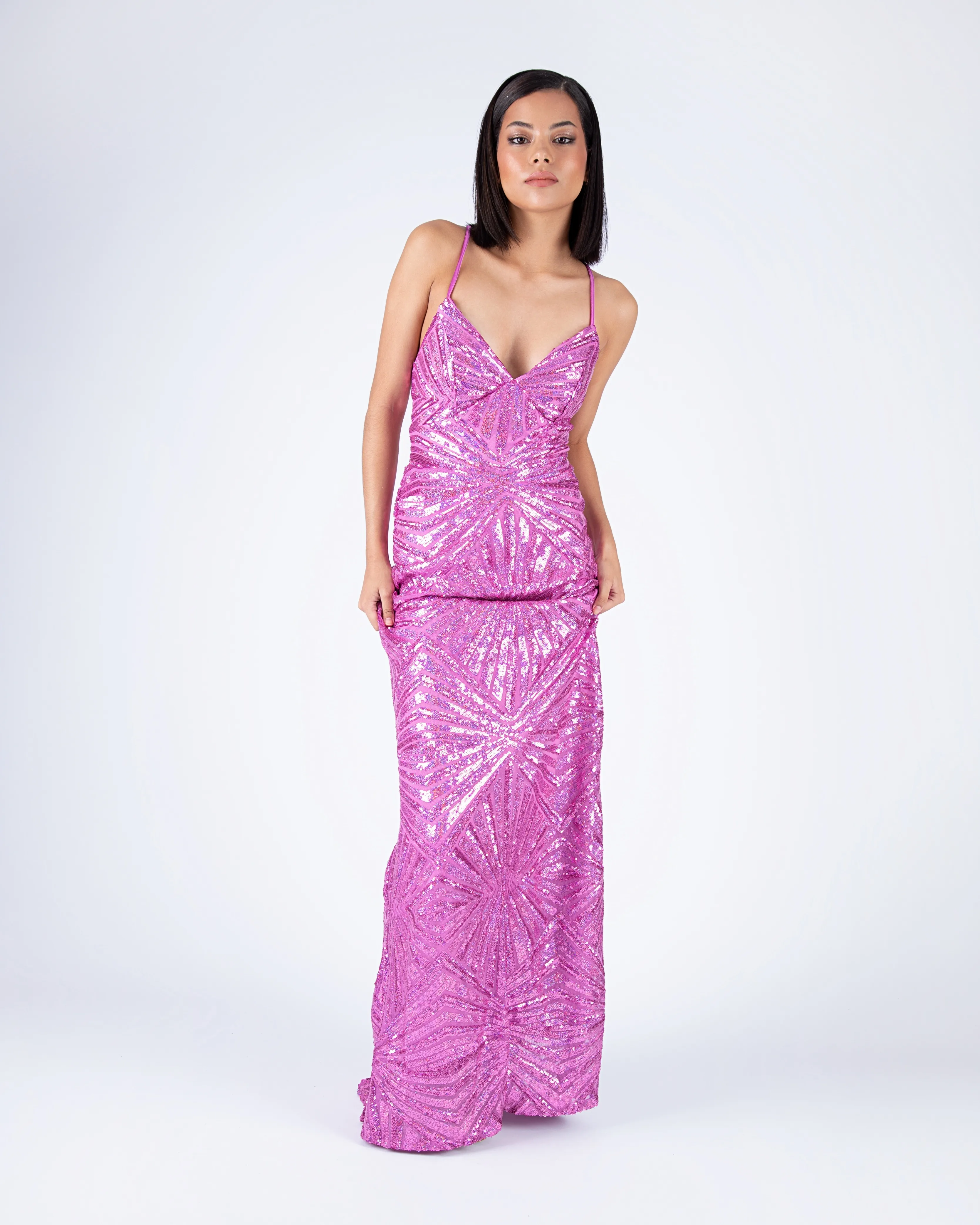 VESTIDO LARGO FULL LENTEJUELAS TALLE S COLOR ROSA LILA