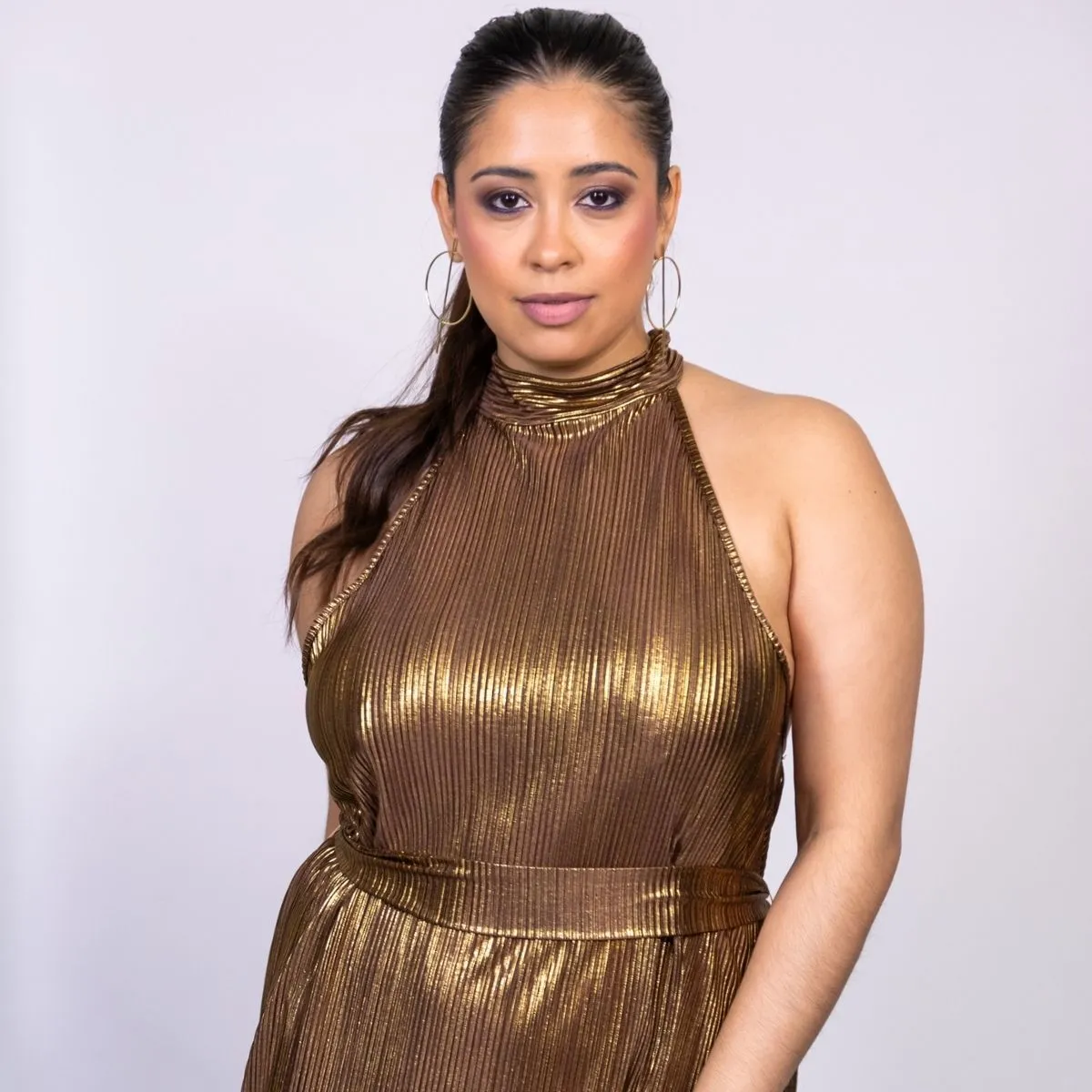 VESTIDO LARGO BRONCE HALTER CON LAZO TALLE XL