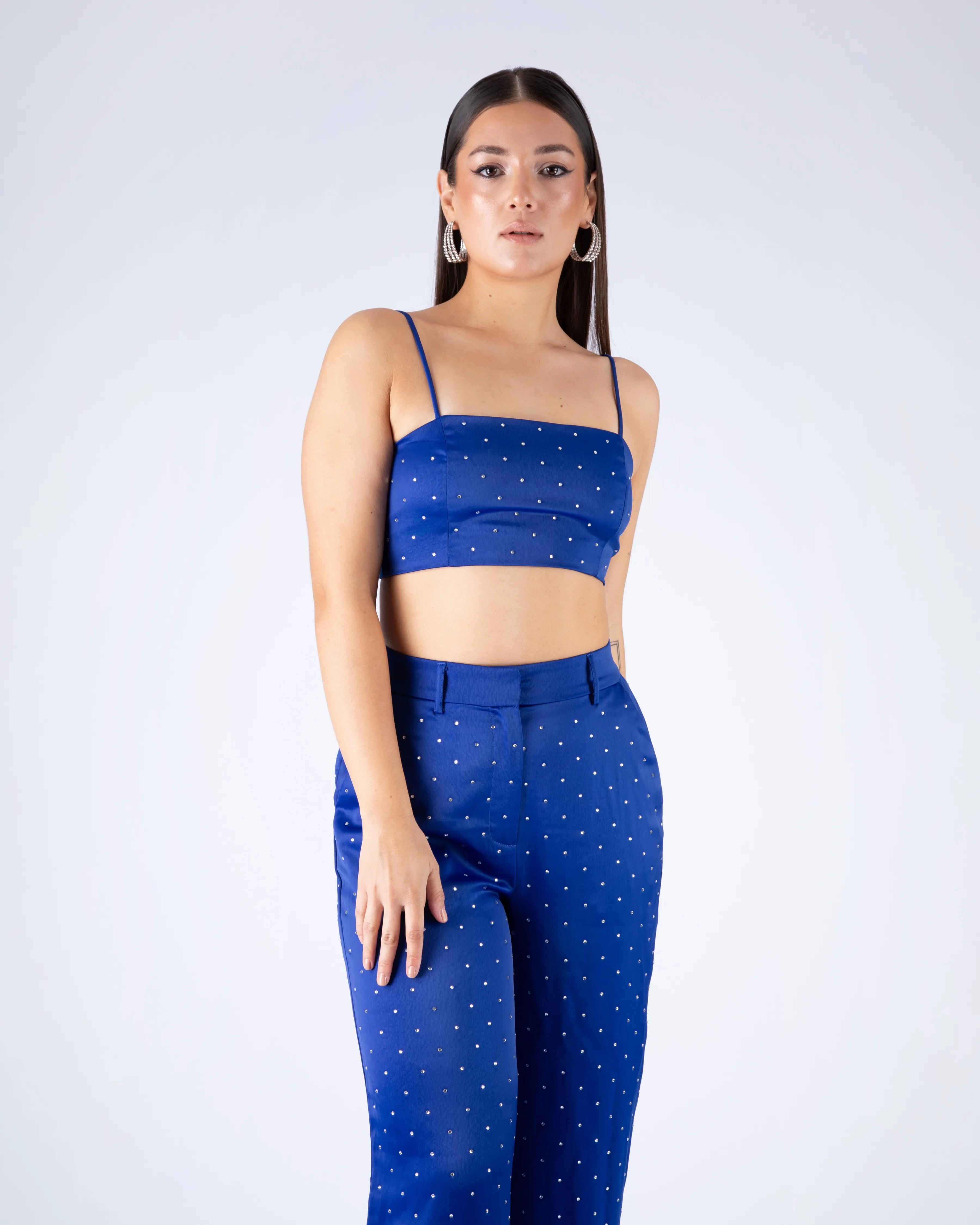 CONJUNTO TOP Y PANTALON AZUL CON BRILLOS TALLE L