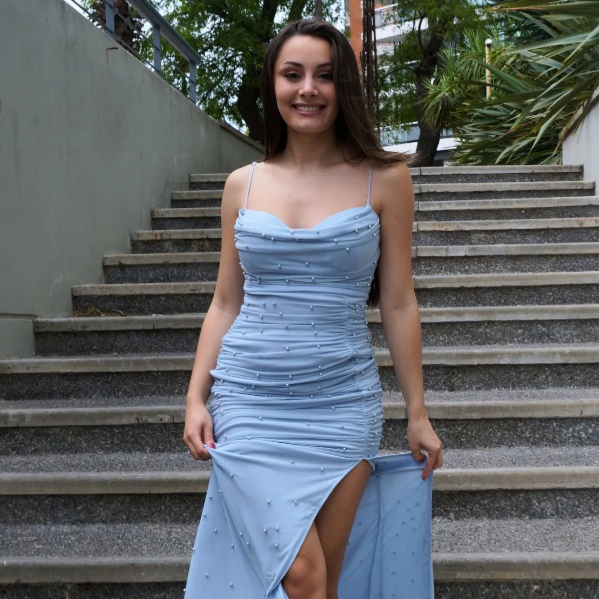 VESTIDO SLIM MALLA DE PERLAS ESCOTE CORAZÓN TALLE S