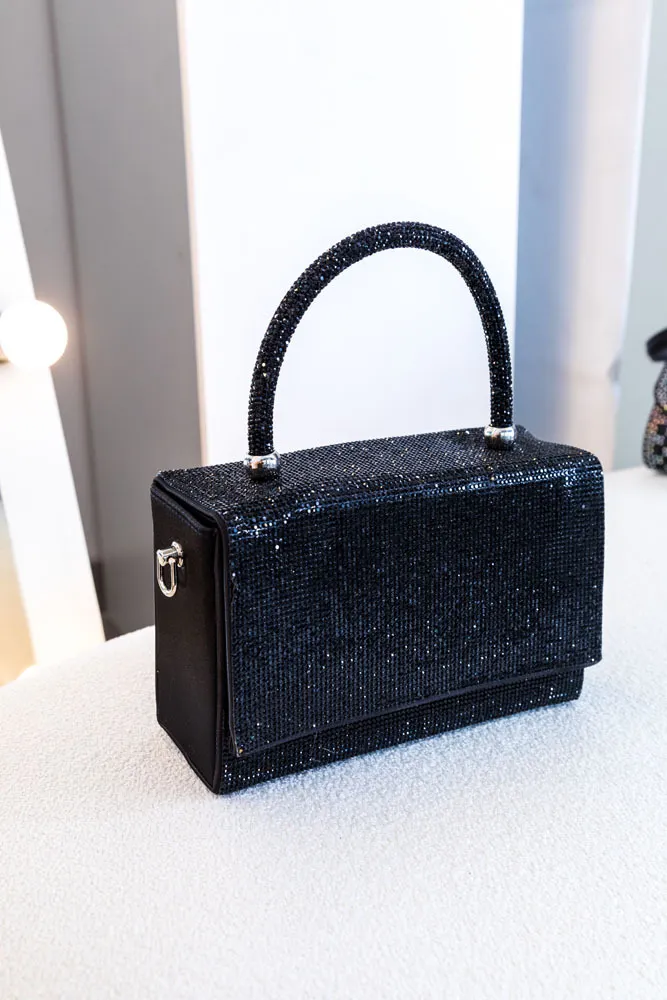 CARTERA DE MANO CUADRADA BRILLOS NEGRA