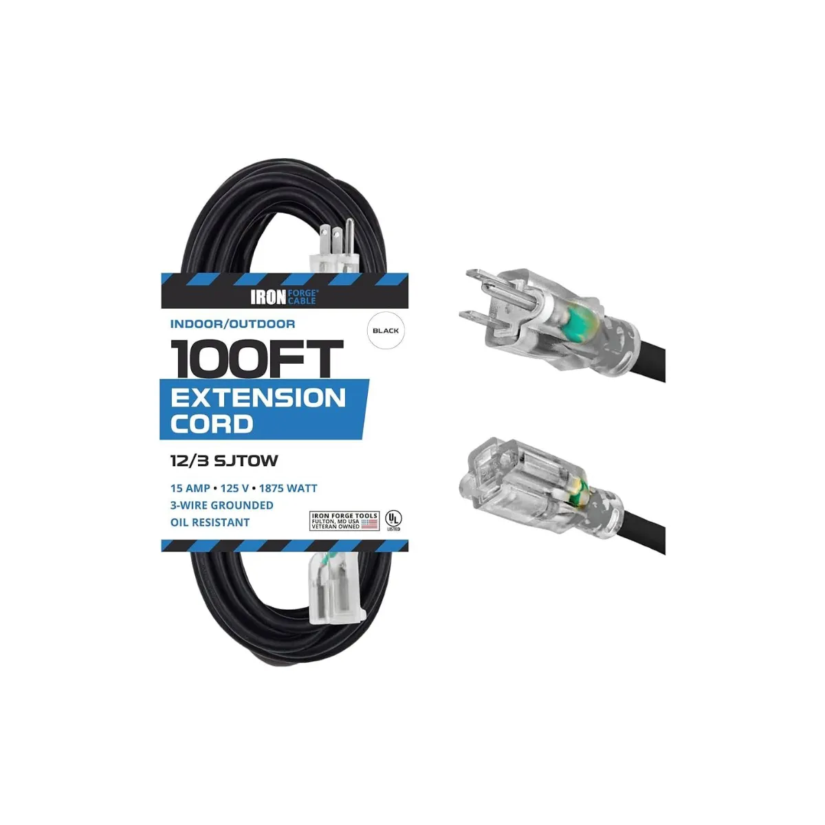 Black extension cords 12 awg with lighted ends -  100ftt