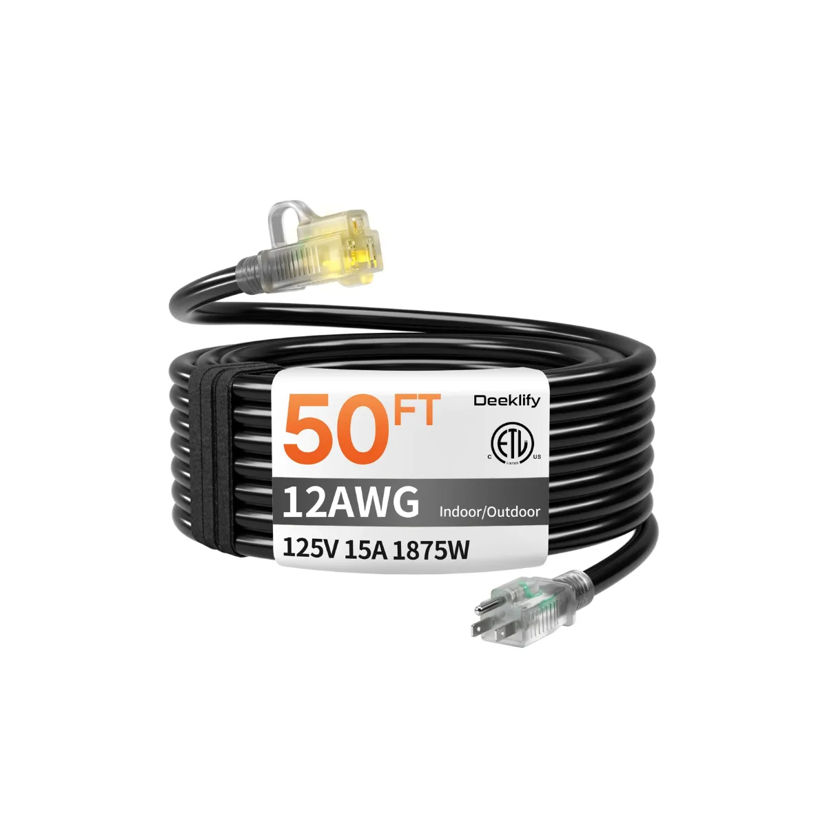  Black extension cords 12 awg with lighted ends - 50ft