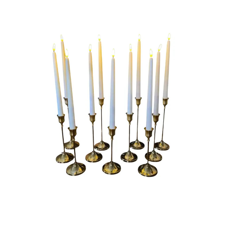 Set of 12x Brass Candle Holders with LED Taper Candles
