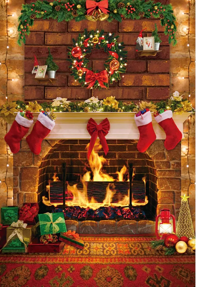 5x7FT Christmas Fireplace Photography Backdrop 